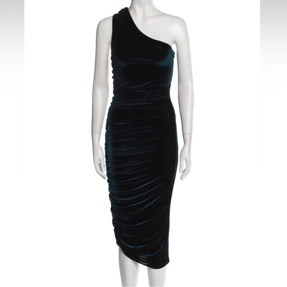 Alix NYC One-Shoulder Emerald Velvet Dress – Asymmetrical Ruched, Size S - Picture 6 of 6
